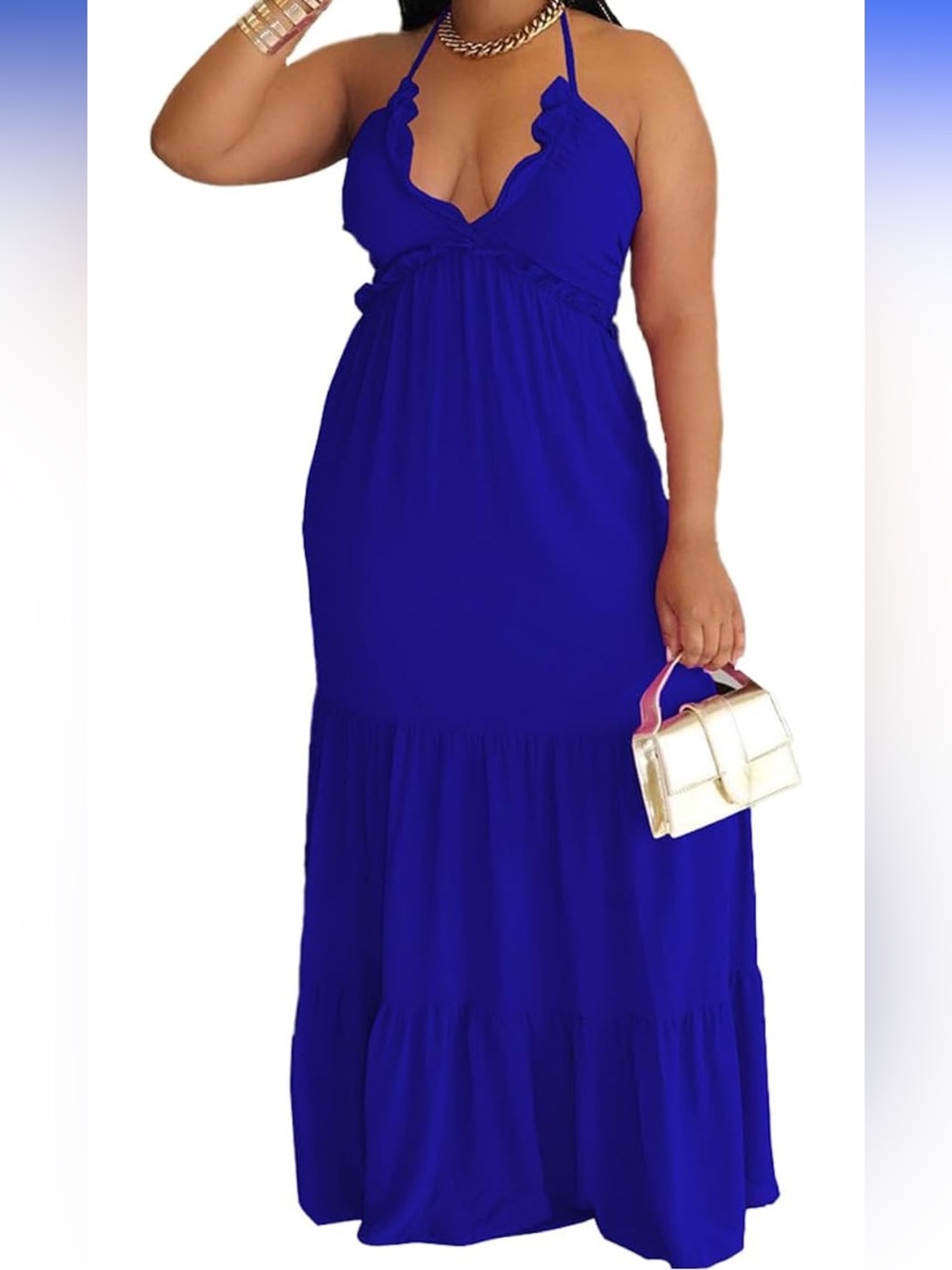 Topsrani Blue V-Neck Maxi Halter Casual Backless Tiered Ruffle Flowy Dress